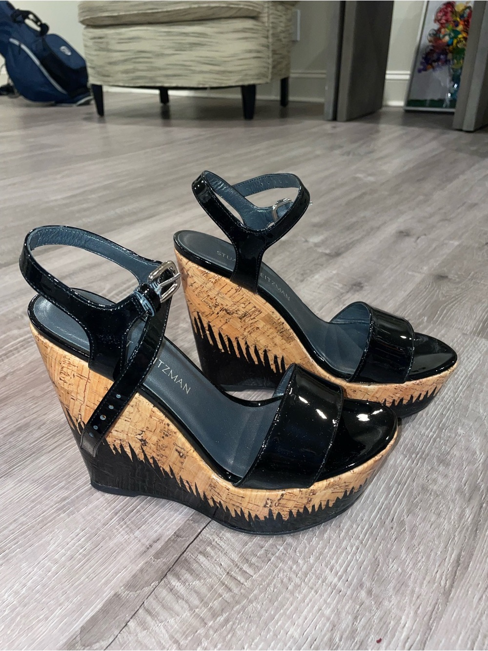 Stuart Weitzman Black Patent Cork Platform Wedge Sandals - Picture 2 of 9